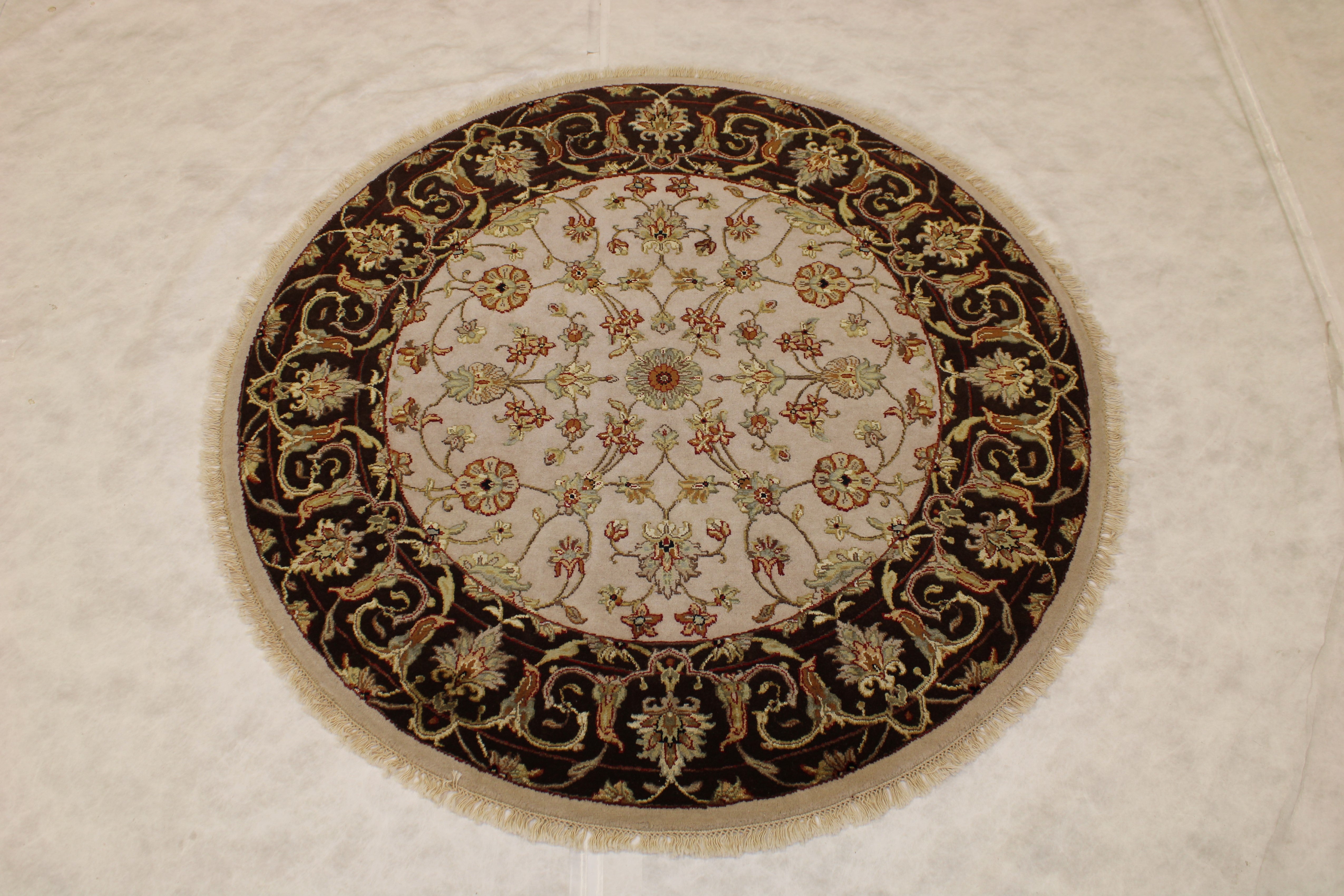 Oriental Round Rug, Silk Flower Rug, Indian Round Rug