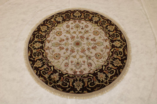 Oriental Round Rug, Silk Flower Rug, Indian Round Rug