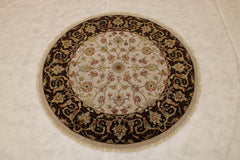 Oriental Round Rug, Silk Flower Rug, Indian Round Rug