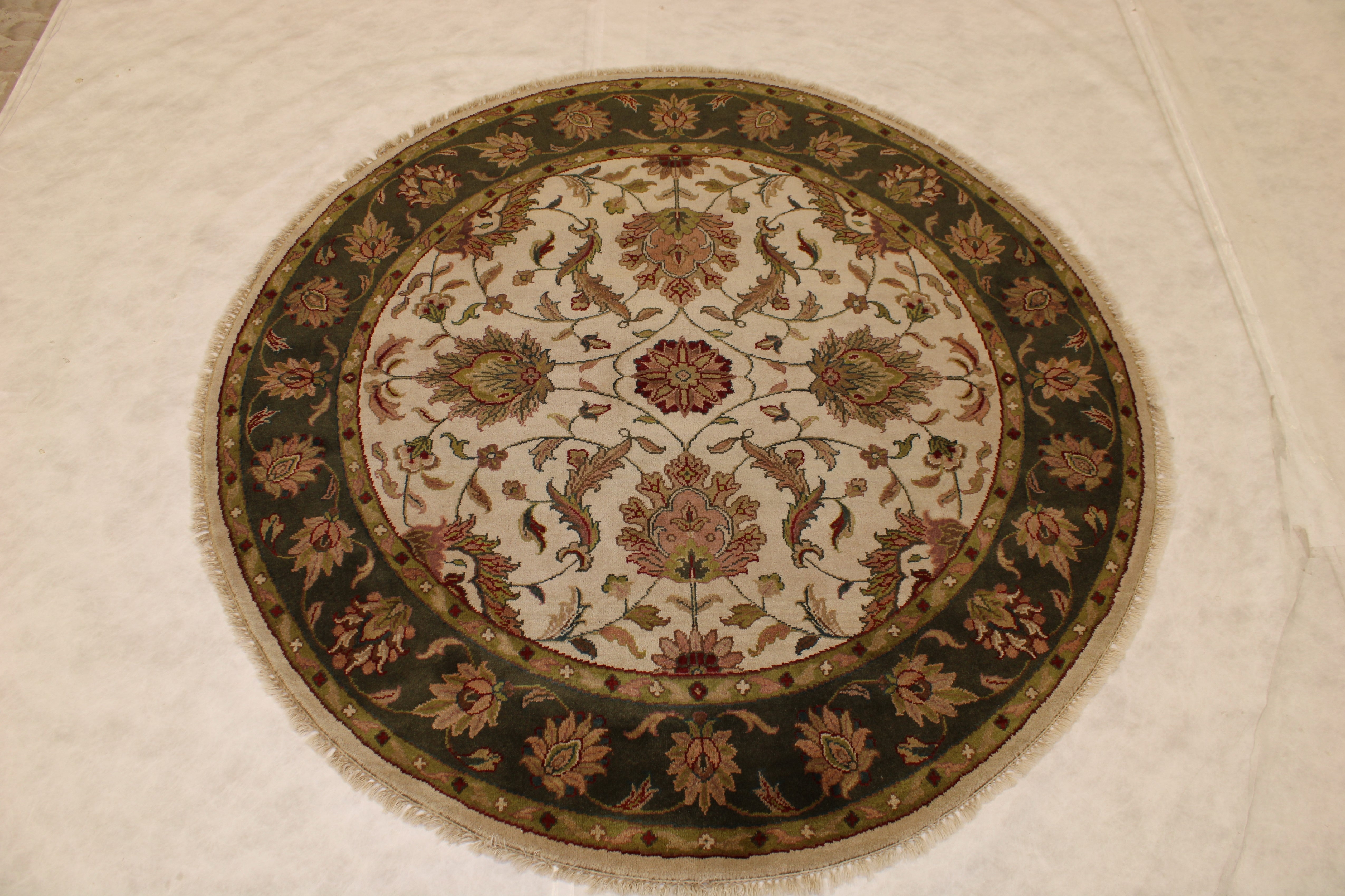 Indian Jaipur Rug, 6x6 Round Rug, Authentic Wool Rug