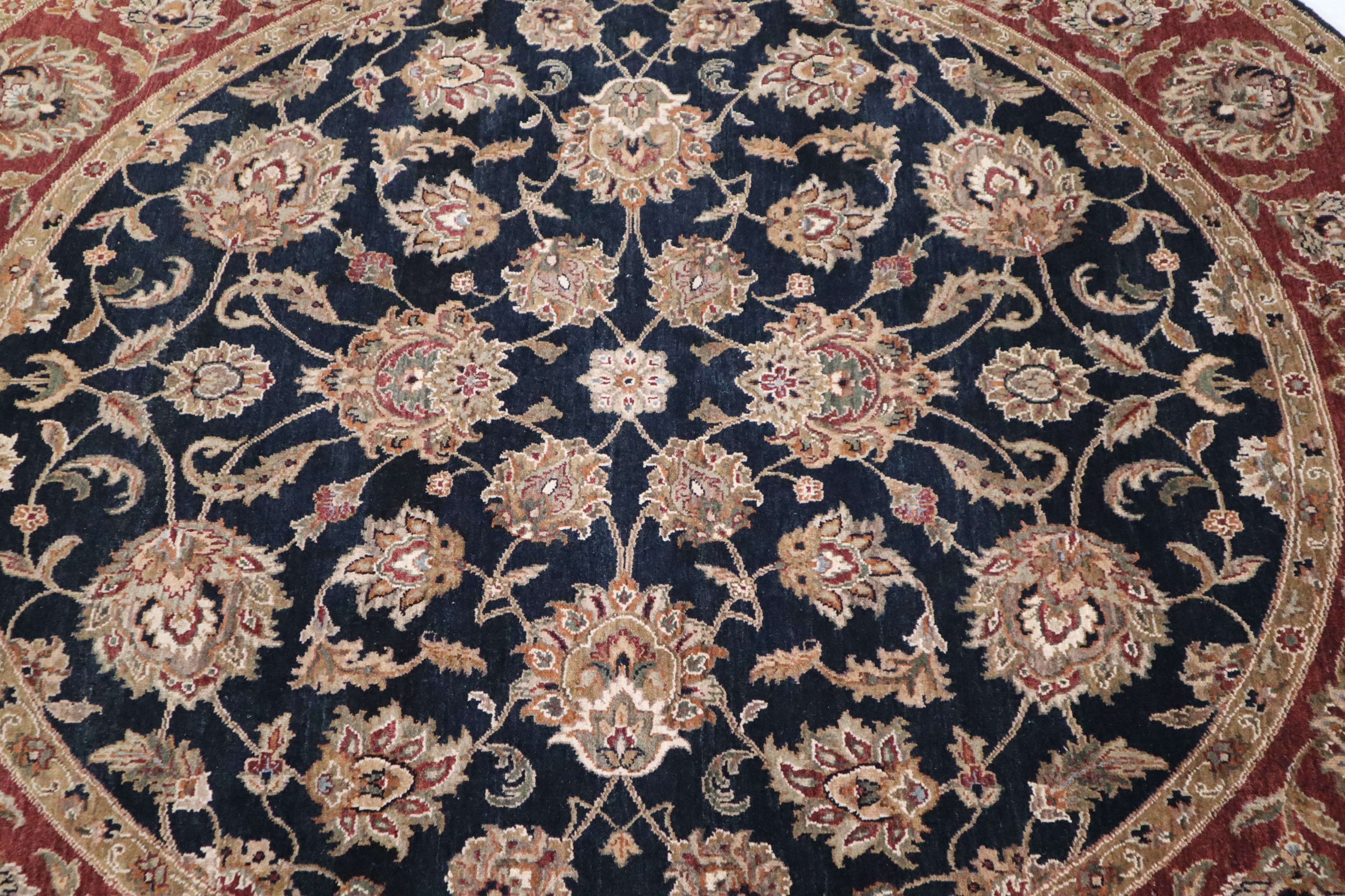 Indo Rug, Black Oriental Rug, 8x8 Round Rug, Wool Rug