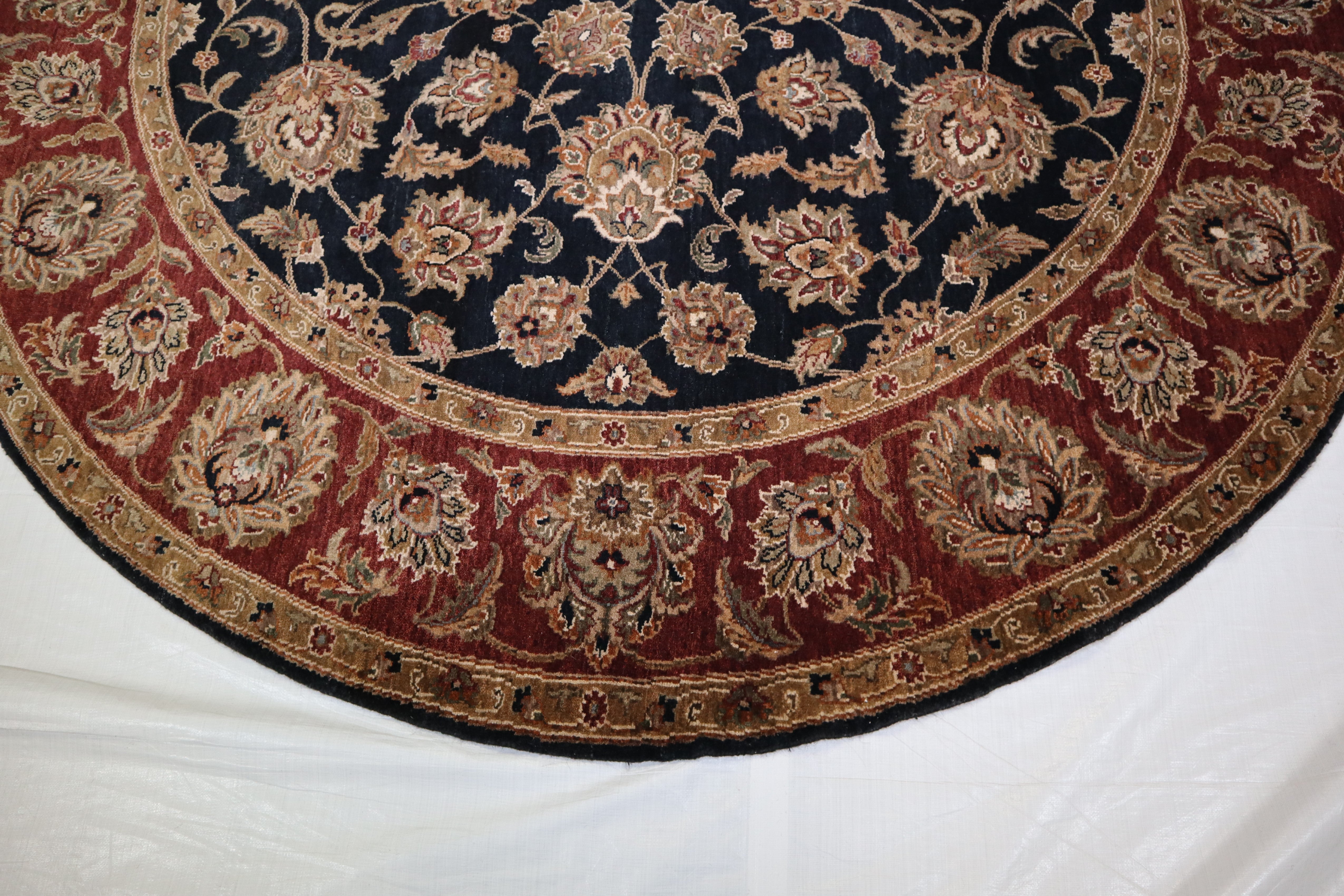 Indo Rug, Black Oriental Rug, 8x8 Round Rug, Wool Rug