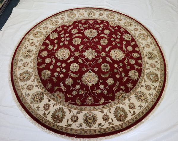 Red Round Rug, Silk Flower Rug, Oriental Round Rug