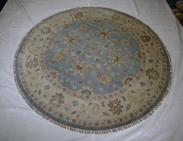 Blue Round Rug, Oushak Rug, Wool Oriental Rug, 8x8