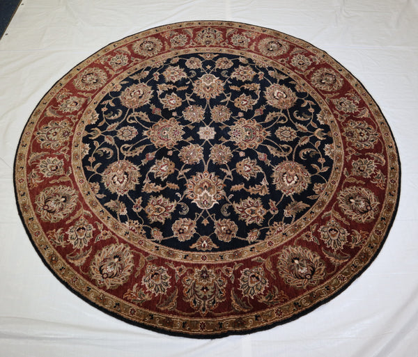 Indo Rug, Black Oriental Rug, 8x8 Round Rug, Wool Rug